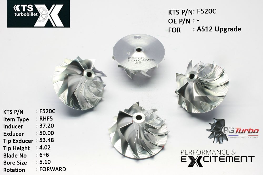 Turbo ROUE FORGÉE MFS PERFORMANCE - 6+6 PALES - INDUCER : 37,2 - EXDUCER : 50 - TYPE : RHF5ANGLE : 75° - ROTATION : Forward - SUPER BACK : 1,3 - BORE SIZE : 5,1
